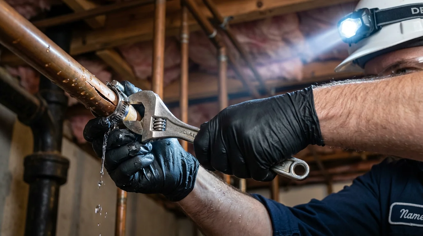 Emergency pipe clamp repair being performed by a Johns Plumbing LLC plumber in Follansbee