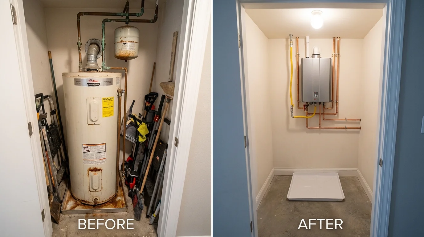 Tank water heater versus wall-mounted tankless unit comparison for Follansbee, WV homeowners